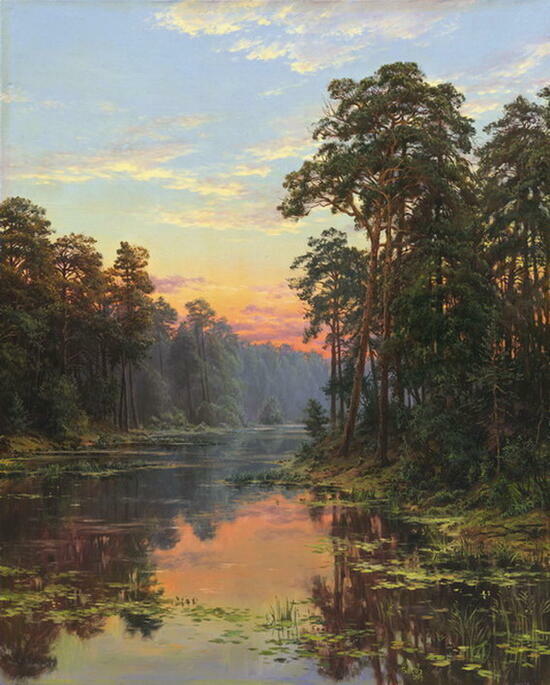 Картина по номерам 40x50 Закат над рекой в осеннем лесу