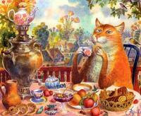 Картина по номерам «Рыжий кот за столом пьет чай»