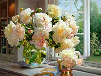 Без бренда «Ваза с букетом белых пионов у окна» в Костроме