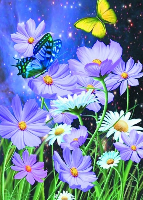 Алмазная мозаика 30x40 Весенние цветы и бабочки под звездным небом
