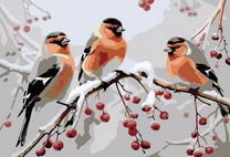 Три птички на ветке калины